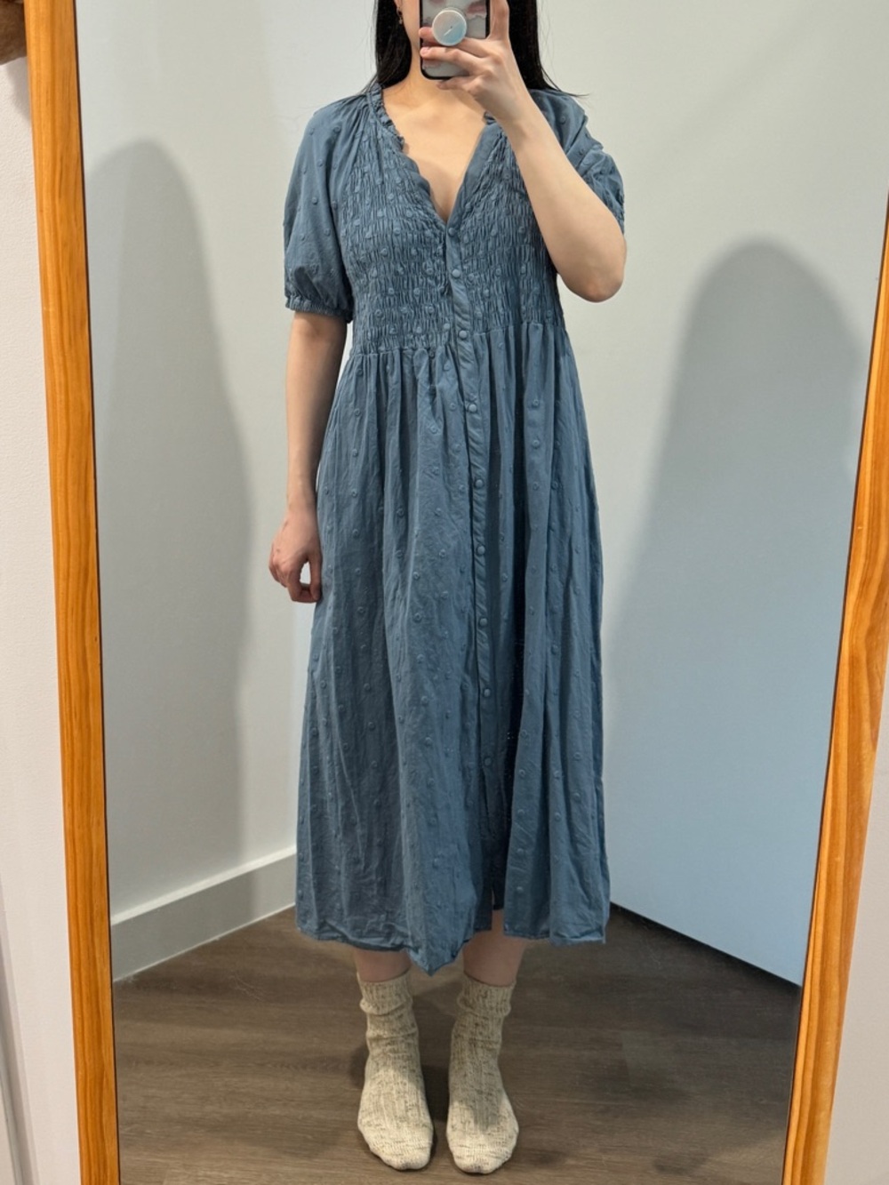 Mango Slate Blue Smocked V-Neck Midi Dress
